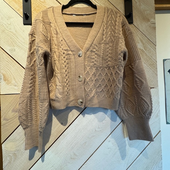 Cropped Cable Knit Cardigan, Tan Color,Size Small - Picture 2 of 4